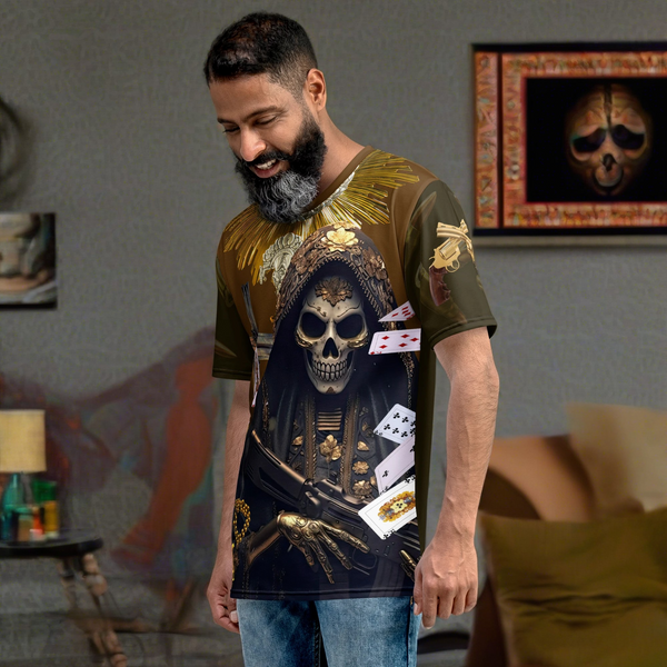 Spiritually-inspired Santa Muerte Narcos Edition All Over T-Shirt showcasing the vibrant design